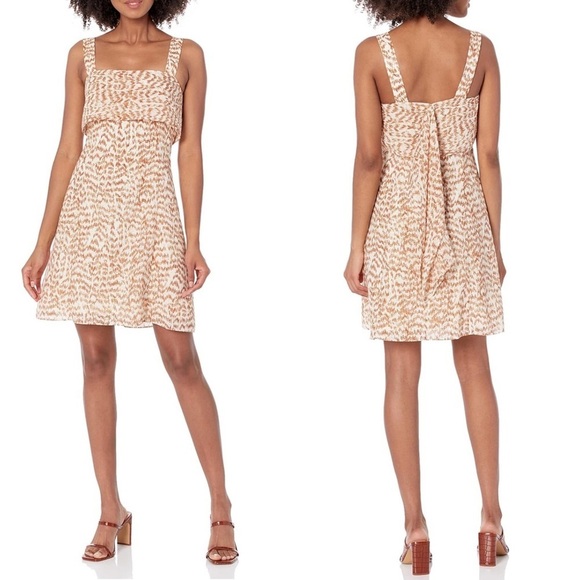 Theory || Drape Back Tiered Mini Dress Wide Strap Sundress in Desert Lawn Tan 12 - Picture 9 of 10